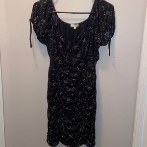 Ultra Flirt Scrunch Dress in Black with Suns, Moons, and Stars design!